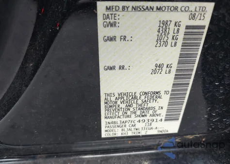 2015 Nissan Altima 3.5 S/3.5 Sl/3.5 Sv z USA, uszkodzony, nr VIN 1N4BL3AP7FC493914